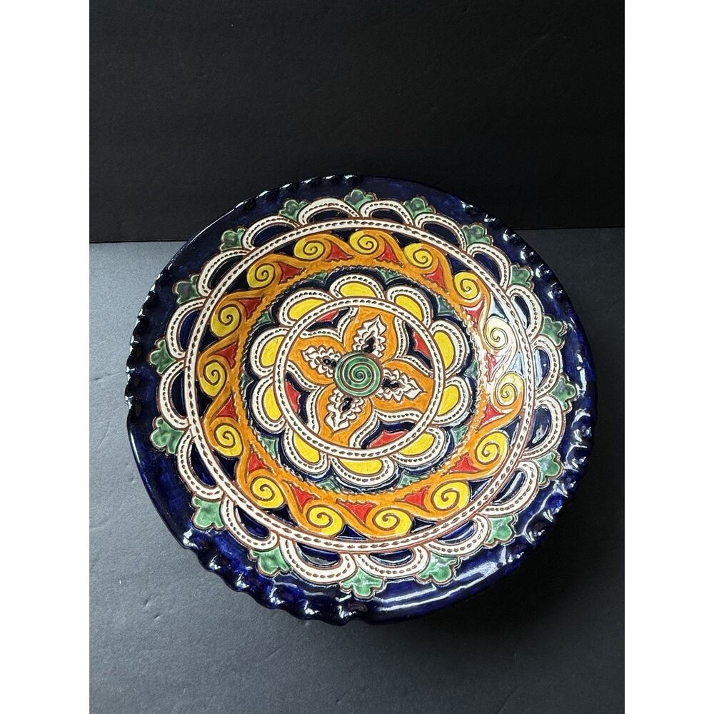 Vintage Folk Art Pottery Stoneware Colorful Trinket Plate Bowl 12” Artisan